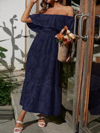 Off Shoulder Ruffle Lace Trim Jacquard Tiered Maxi Dress - Wedding Guest