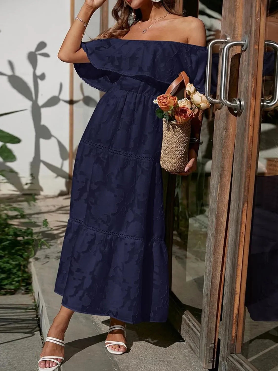 Jacquard Off Shoulder Ruffle Lace Trim Tiered Flowy Maxi Dress - Wedding Guest