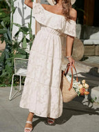 Jacquard Off Shoulder Ruffle Lace Trim Tiered Flowy Maxi Dress - Wedding Guest