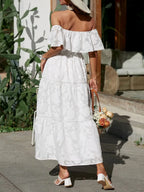 Jacquard Off Shoulder Ruffle Lace Trim Tiered Flowy Maxi Dress - Wedding Guest