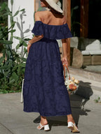 Jacquard Off Shoulder Ruffle Lace Trim Tiered Flowy Maxi Dress - Wedding Guest