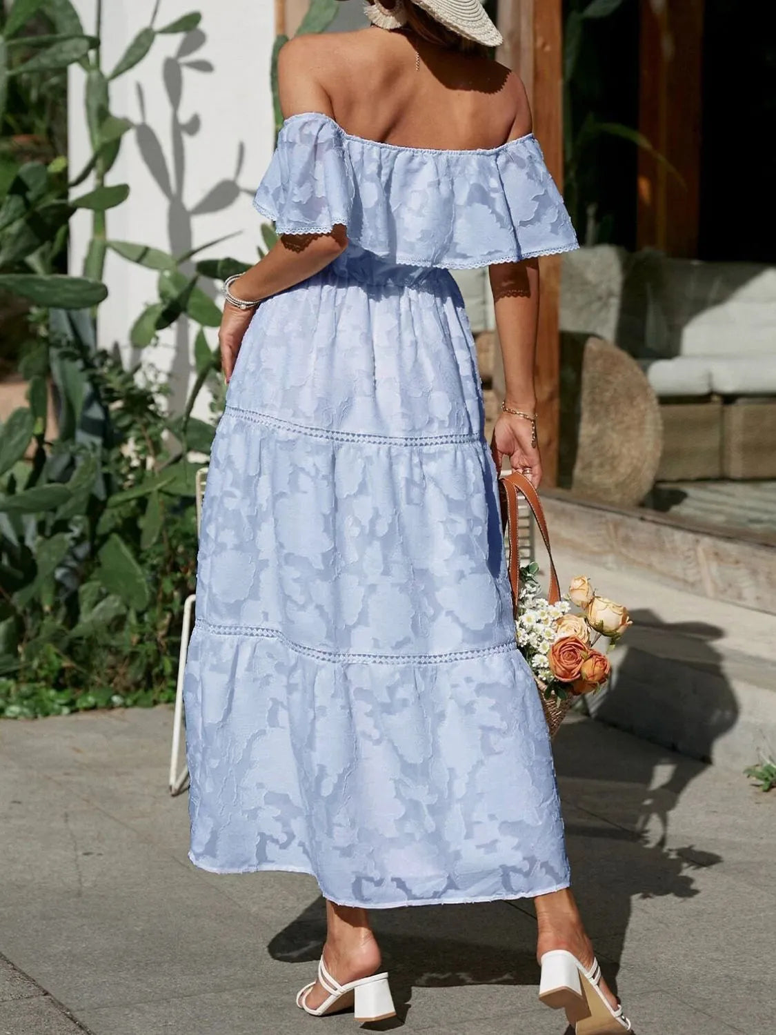 Jacquard Off Shoulder Ruffle Lace Trim Tiered Flowy Maxi Dress - Wedding Guest