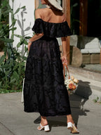 Off Shoulder Ruffle Lace Trim Jacquard Tiered Maxi Dress - Wedding Guest