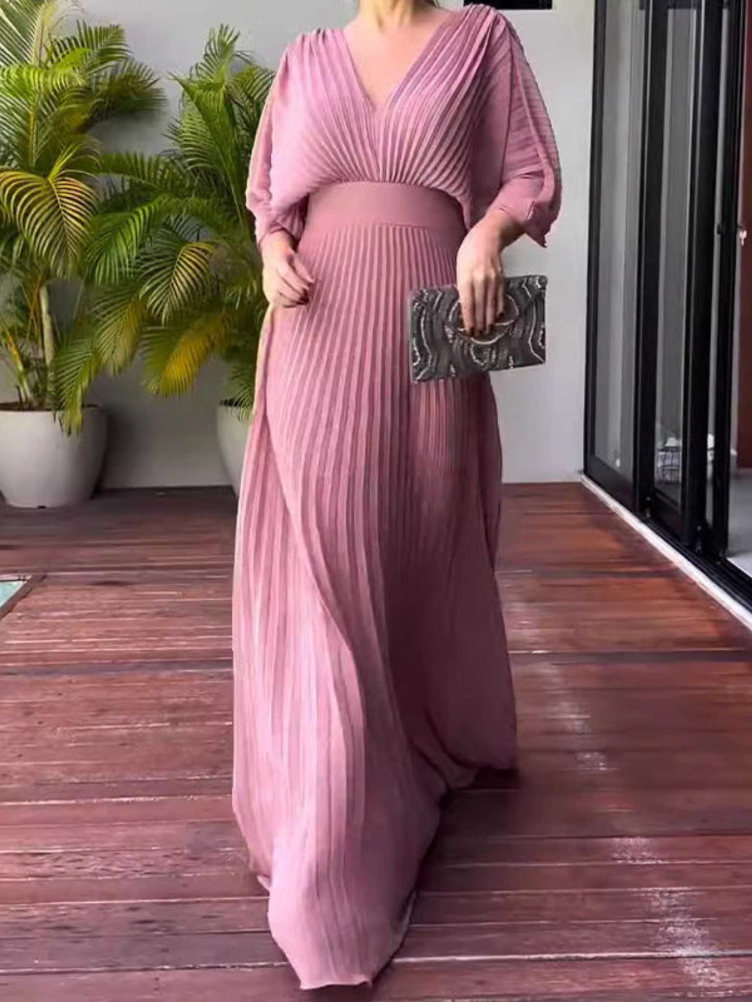 Pleated Batwing Sleeve V Neck Maxi Dress - Wedding Guest