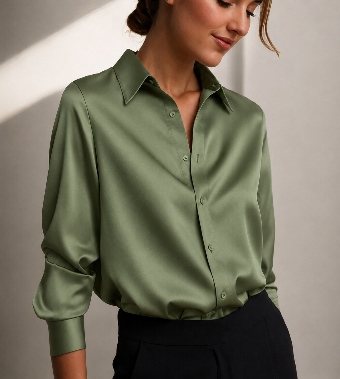 Genevieve | Women's Satin Shirt with Pointed Collar and Buttoned Cuffs