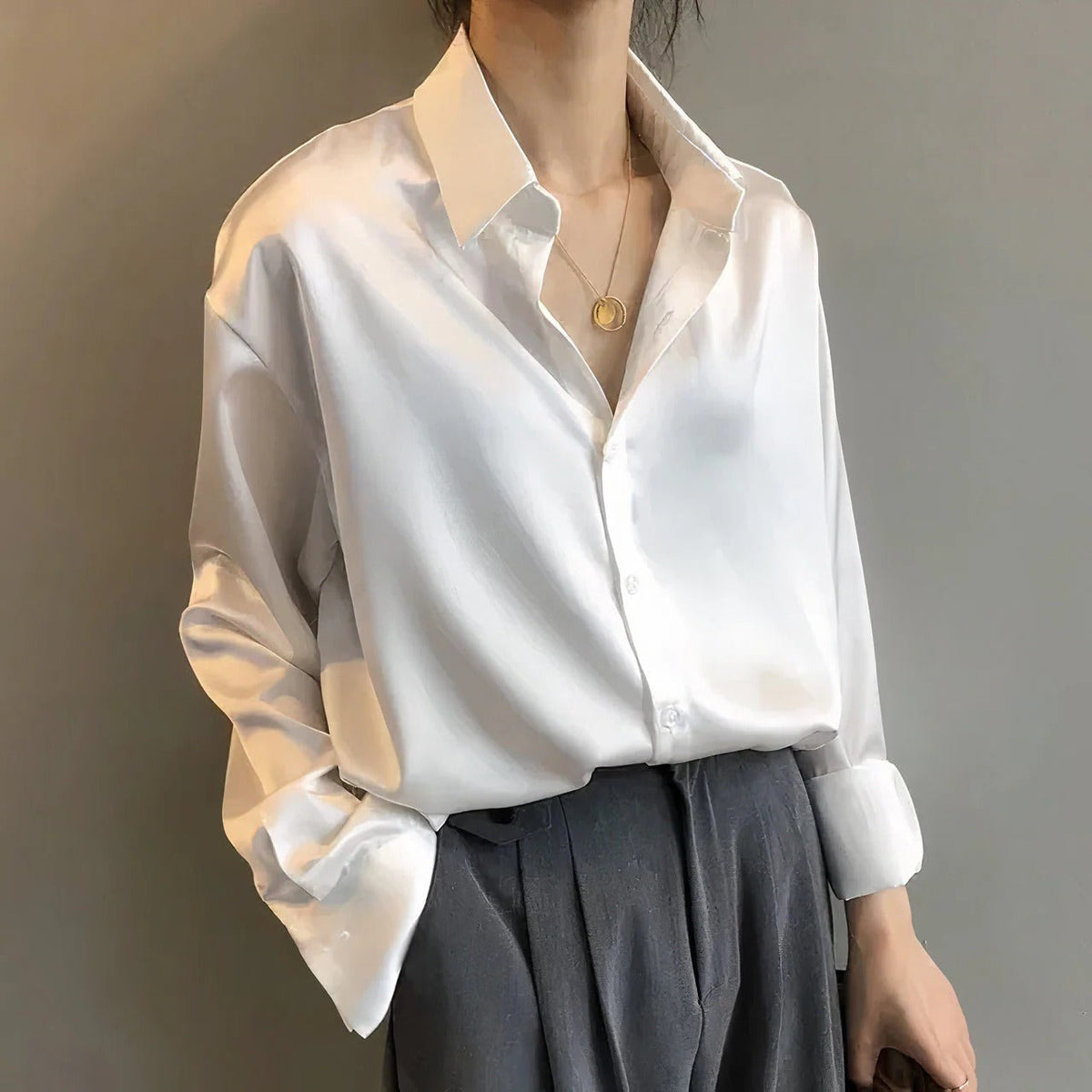 Genevieve | Women's Satin Shirt with Pointed Collar and Buttoned Cuffs