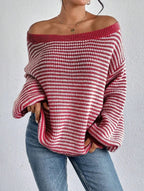 Thea | Women's Oversized Striped Off-Shoulder Knit Sweater