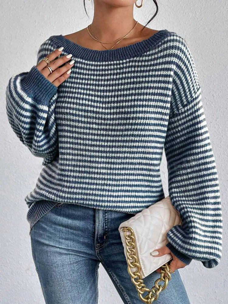 Thea | Women's Oversized Striped Off-Shoulder Knit Sweater