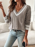 Rosalie | Women's V-Neck Cable Knit Sweater with Striped Ribbed Trim