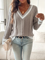 Rosalie | Women's V-Neck Cable Knit Sweater with Striped Ribbed Trim