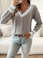 Rosalie | Women's V-Neck Cable Knit Sweater with Striped Ribbed Trim