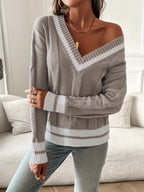 Rosalie | Women's V-Neck Cable Knit Sweater with Striped Ribbed Trim