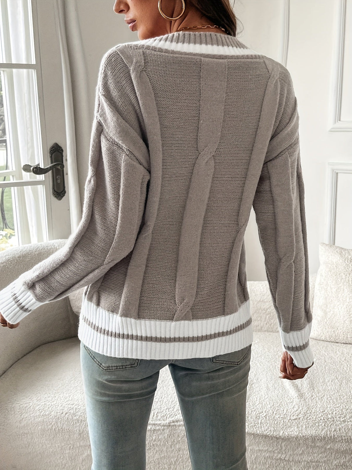 Rosalie | Women's V-Neck Cable Knit Sweater with Striped Ribbed Trim