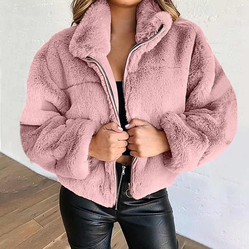 Marisette | Women's Cropped Faux Fur Teddy Bomber Jacket