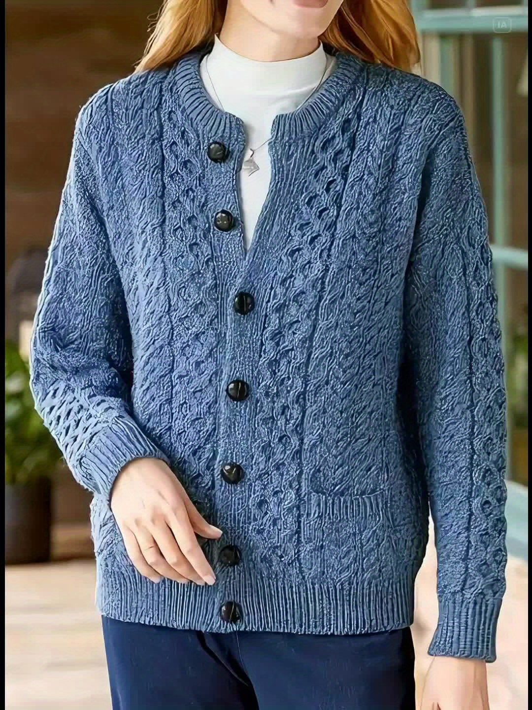 Ysabeau | Women's Chunky Cable Knit Crew Neck Cardigan with Pockets