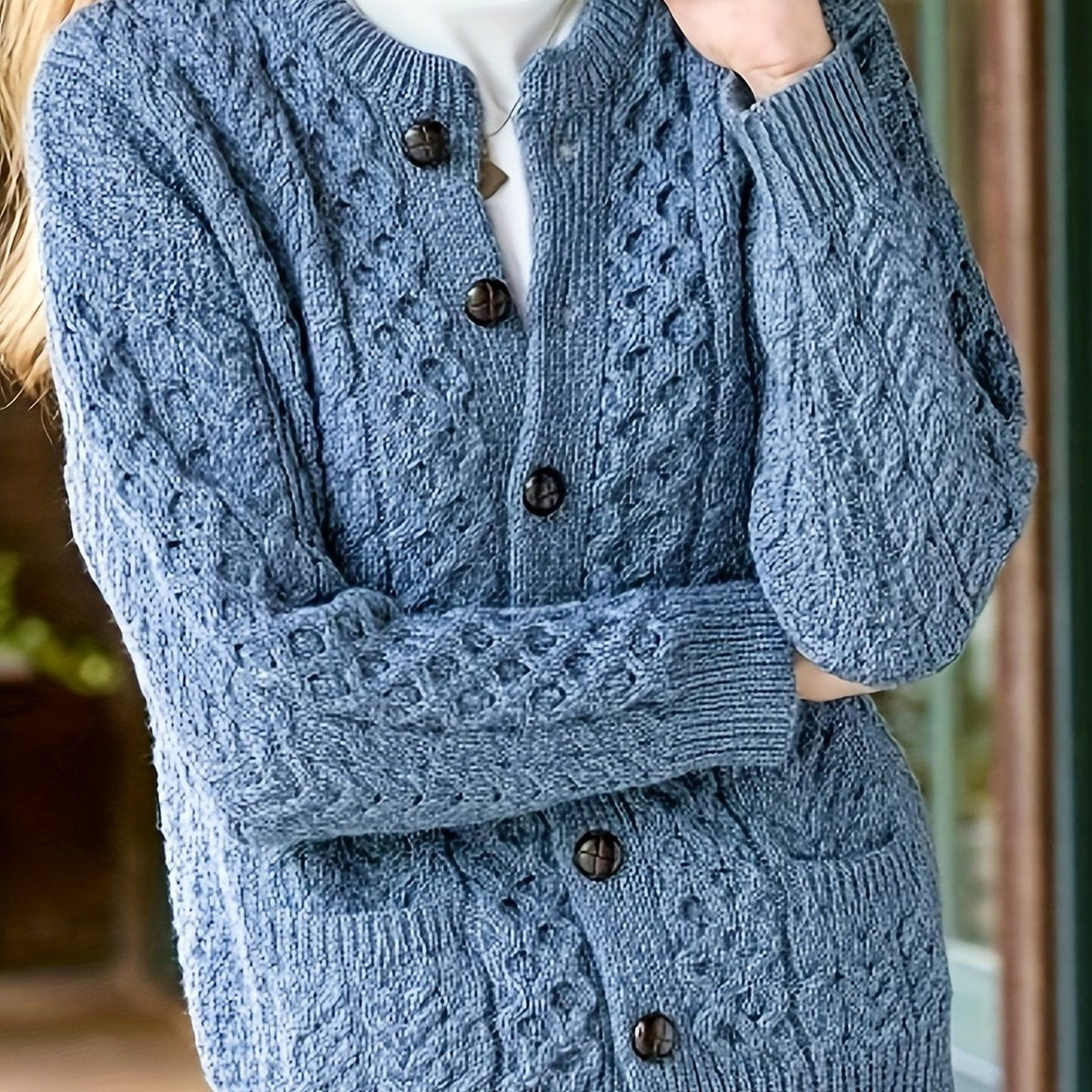 Ysabeau | Women's Chunky Cable Knit Crew Neck Cardigan with Pockets