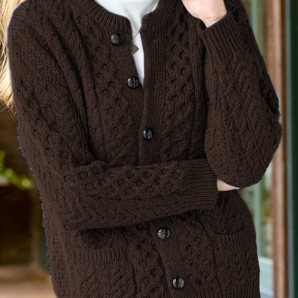 Ysabeau | Women's Chunky Cable Knit Crew Neck Cardigan with Pockets
