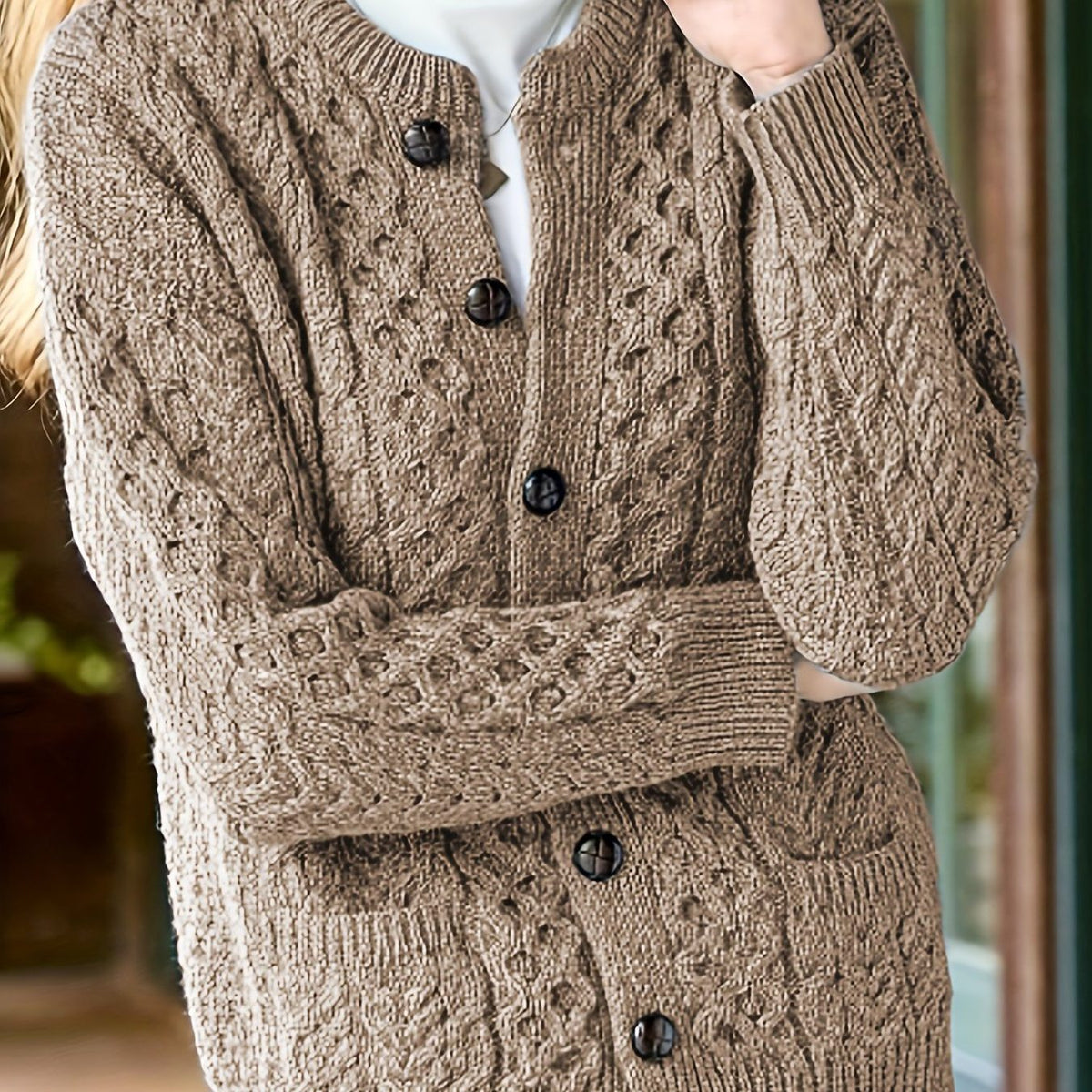 Ysabeau | Women's Chunky Cable Knit Crew Neck Cardigan with Pockets