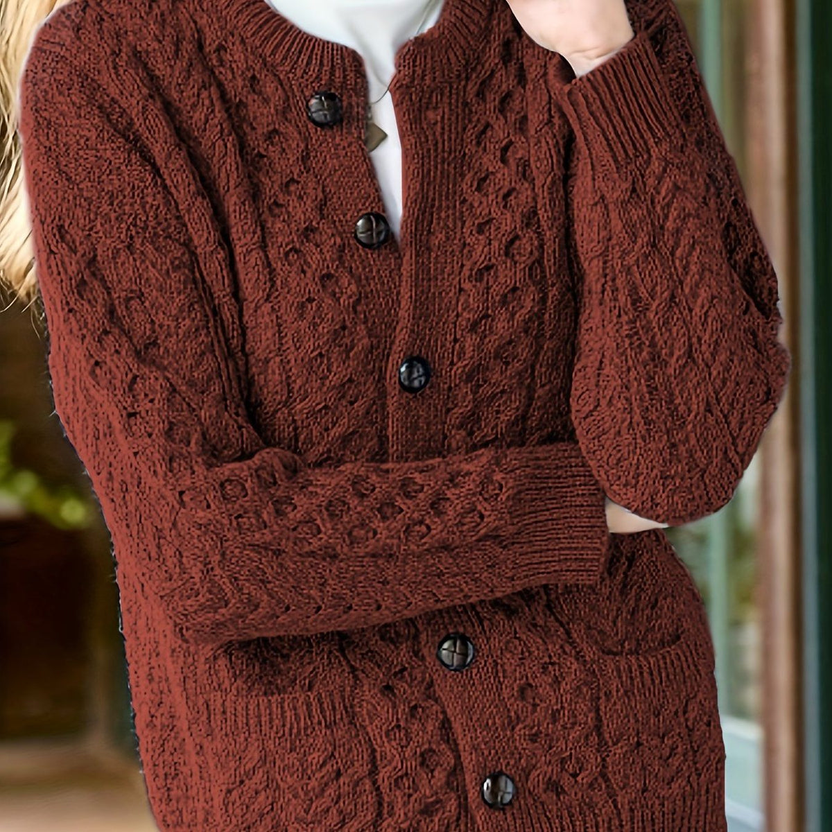 Ysabeau | Women's Chunky Cable Knit Crew Neck Cardigan with Pockets