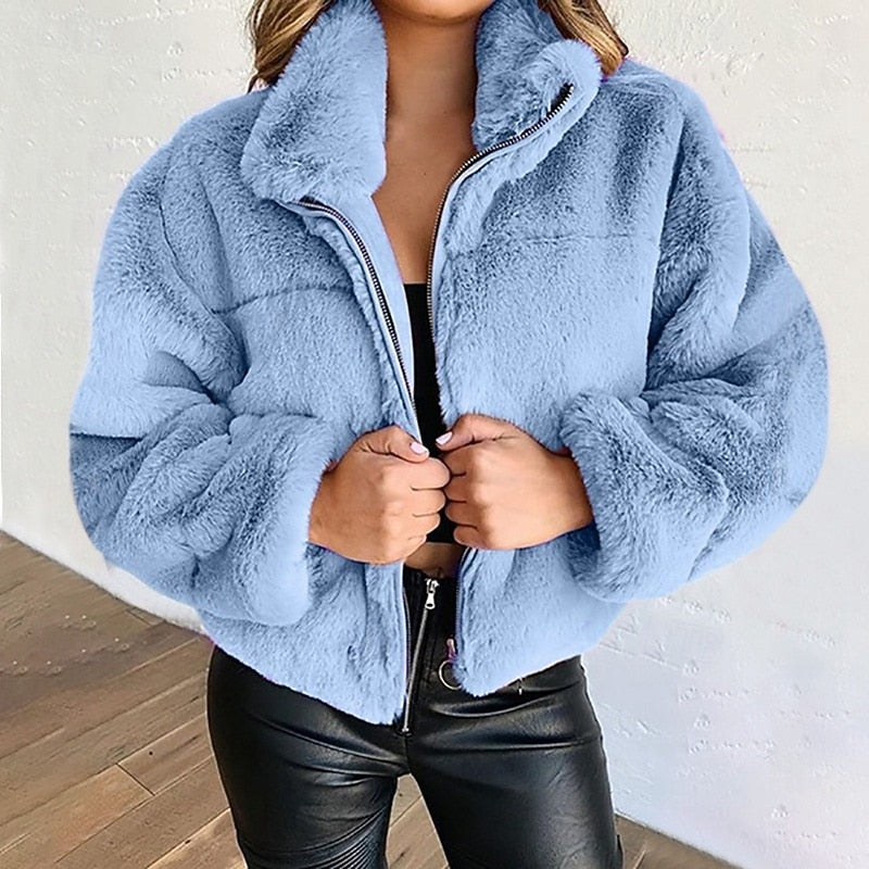 Marisette | Women's Cropped Faux Fur Teddy Bomber Jacket