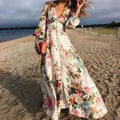 Floral Button Front Puff Sleeve Boho Maxi Dress - Wedding Guest