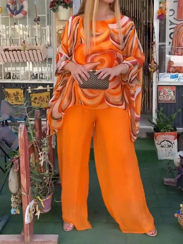 Abstract Print Batwing Longline Top and Wide Leg Pant Set