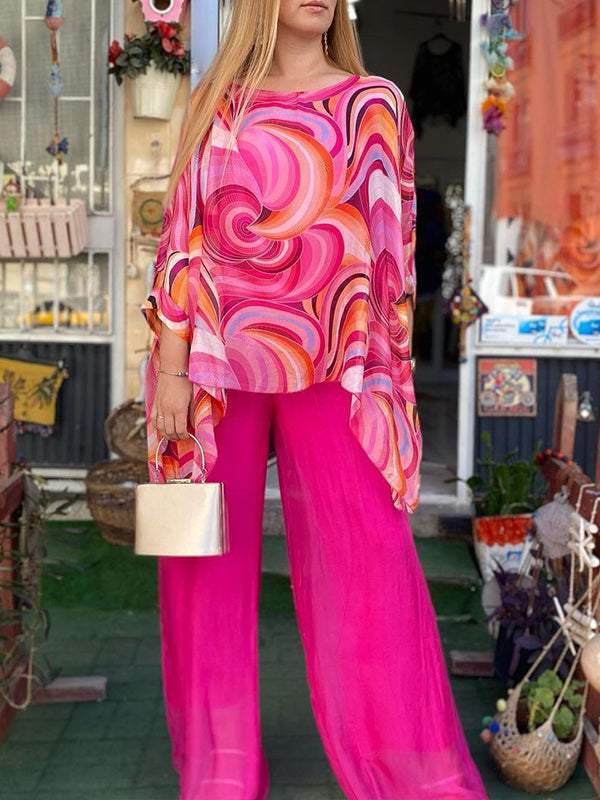 Abstract Print Batwing Longline Top and Wide Leg Pant Set