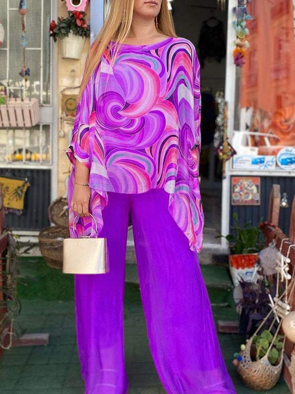 Abstract Print Batwing Longline Top and Wide Leg Pant Set